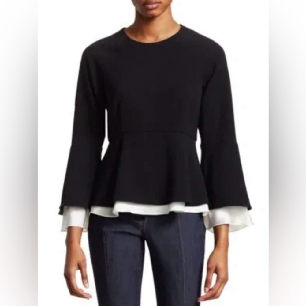 NWT CINQ A SEPT Crepe Avalon Blouse Top Layered Peplum Bell Sleeve Silk Small